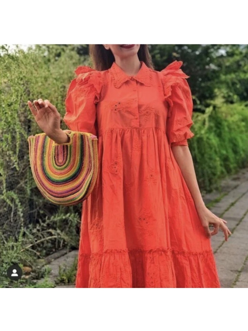 ZARA WOMEN’S SZ M ORANGE PUFF SLEEVE OPENWORK EMBROIDERED TIERED MIDI DRESS FALL
